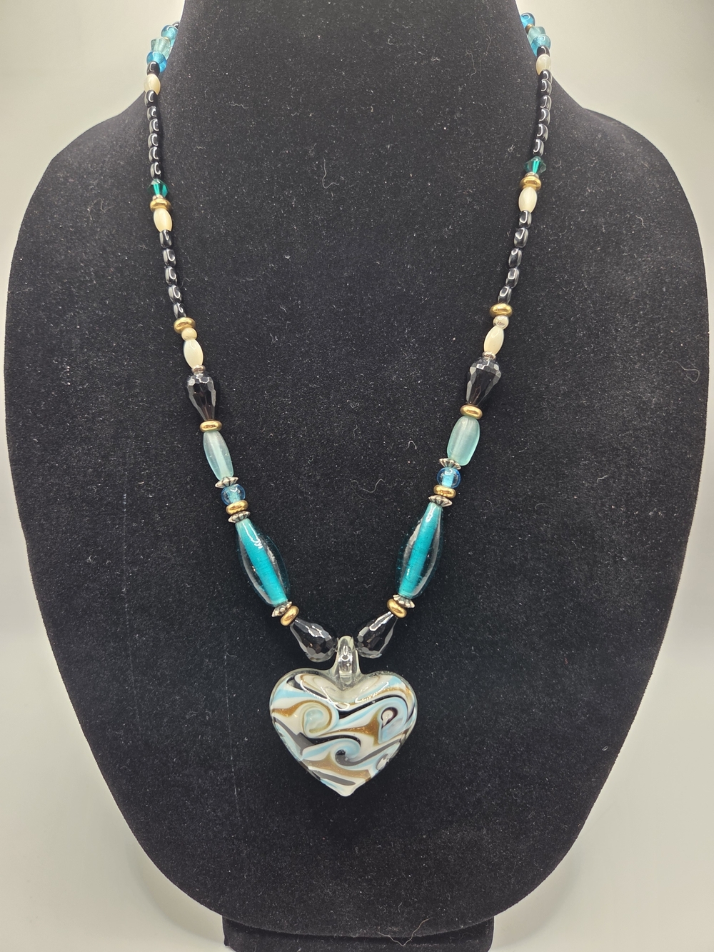 1649. Turquoise Glass Heart Pendant Necklace with Gold Tone Accents